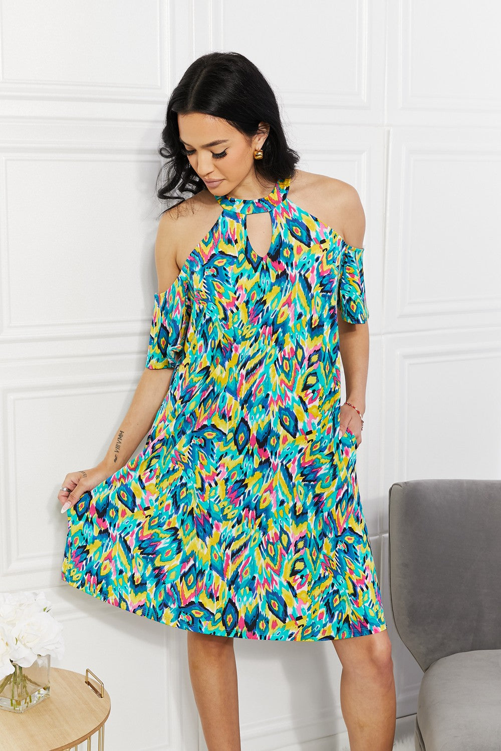 Sew In Love Full Size Perfect Paradise Printed Cold-Shoulder Dress